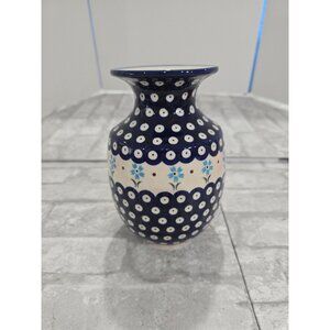 Boleslawiec Handmade Blue‎ Eyed Peacock Pitcher Vase 7" Floral Cobalt